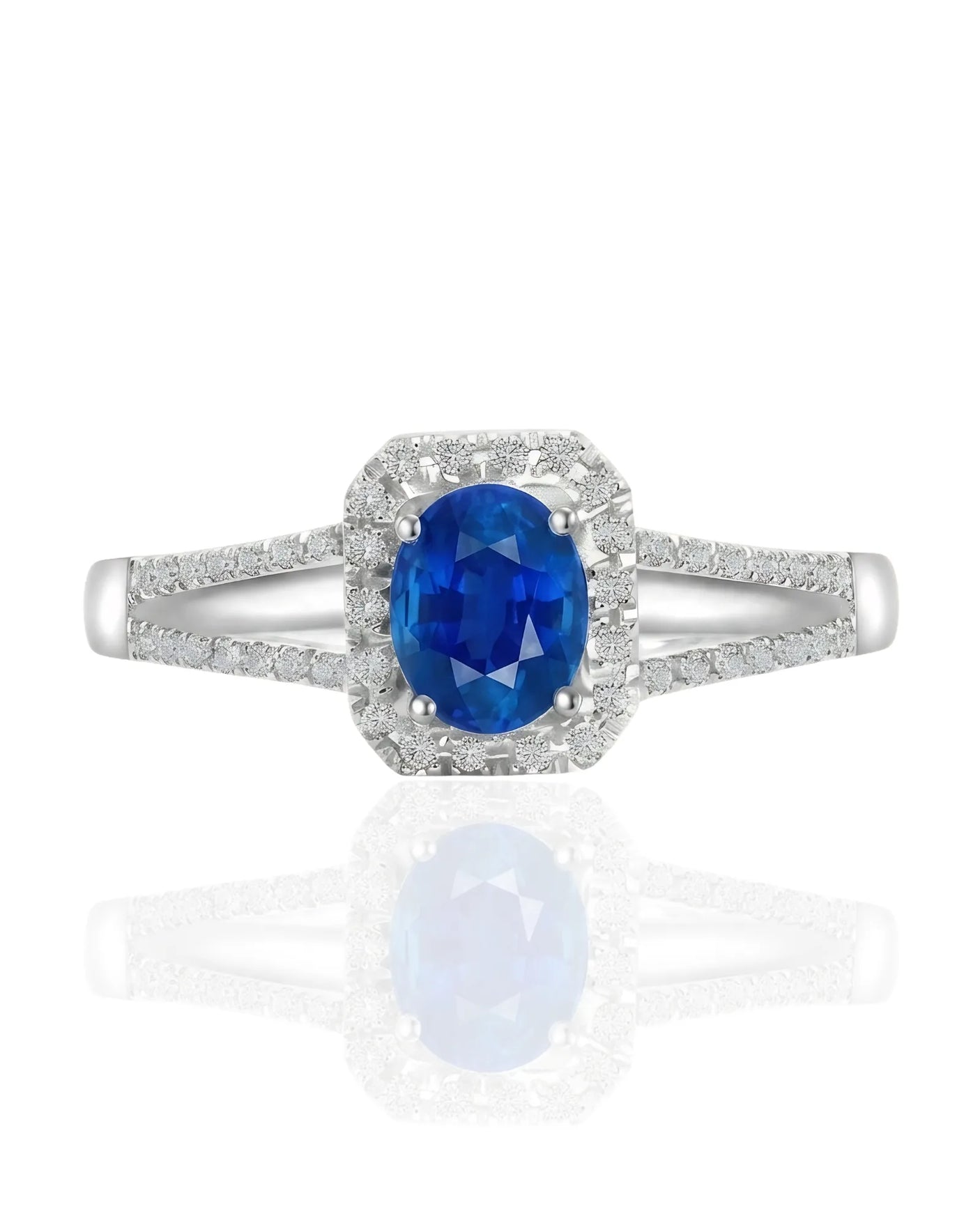 Natural royal blue sapphire ring with round diamond accents in 18K white gold | SARATTI