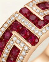 Natural ruby and diamond geometric band ring in 18K rose gold close-up detail | SARATTI