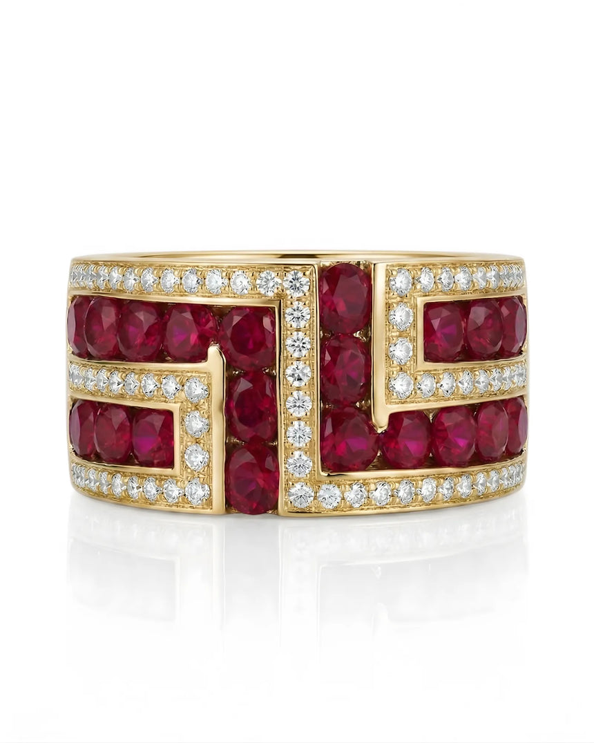 Natural ruby and diamond geometric band ring in 18K yellow gold close-up detail | SARATTI