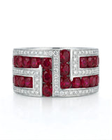 Natural ruby and diamond geometric band ring in platinum close-up detail high jewelry | SARATTI