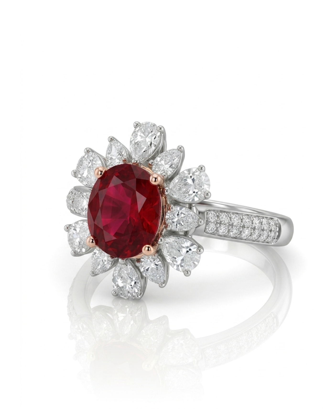 Natural ruby floral halo ring in 18K White Gold with pear shape diamonds | SARATTI