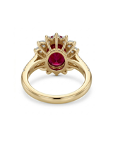 Natural ruby floral halo ring in 18K Yellow Gold with pear shape diamonds | SARATTI