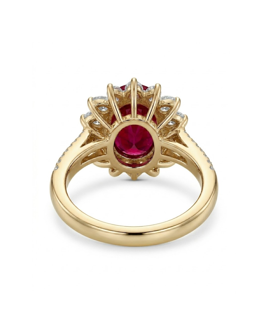 Natural ruby floral halo ring in 18K Yellow Gold with pear shape diamonds | SARATTI