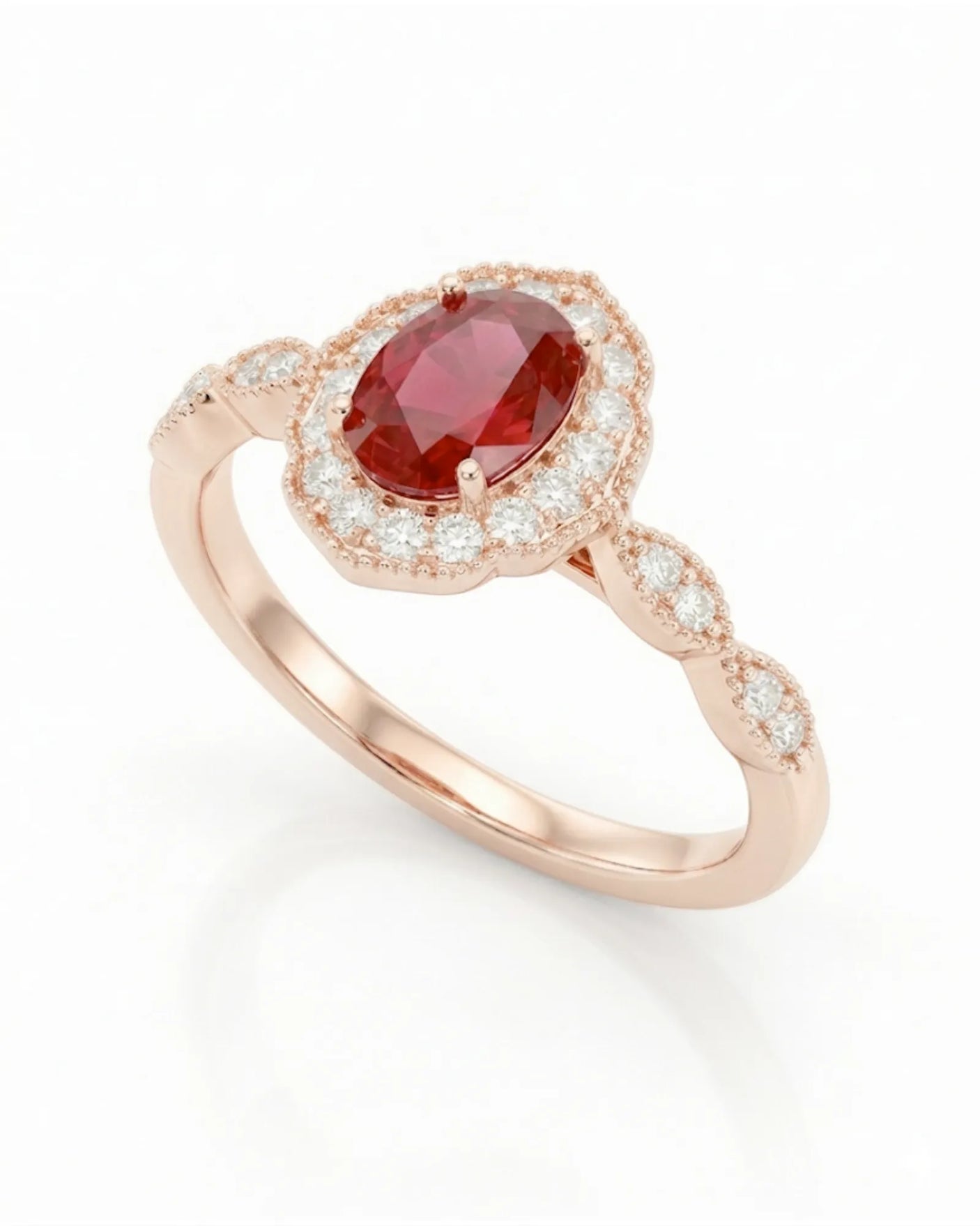 Natural ruby halo ring medallion design 18K rose gold | SARATTI