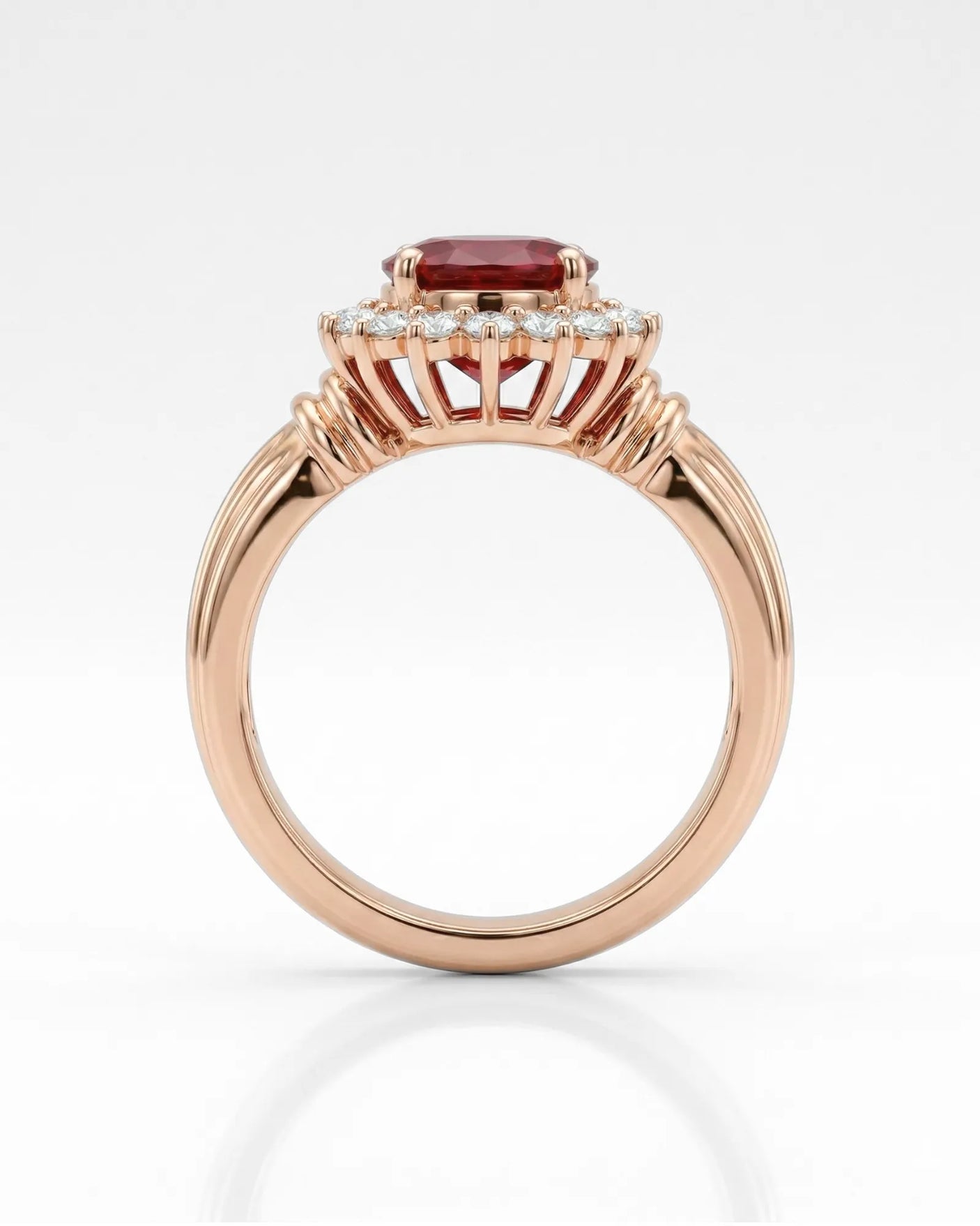 Natural ruby halo ring oval 1.2 carat red ruby diamond halo vintage style ring 18k rose gold triple contour band | SARATTI