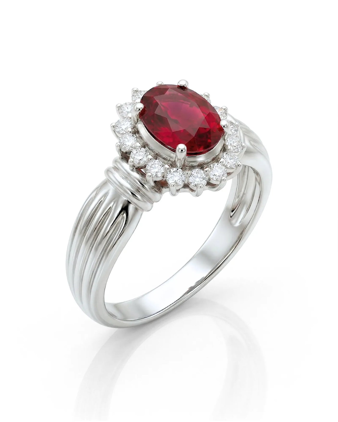 Natural ruby halo ring oval 1.2 carat red ruby diamond halo vintage style ring 18k white gold triple contour band | SARATTI