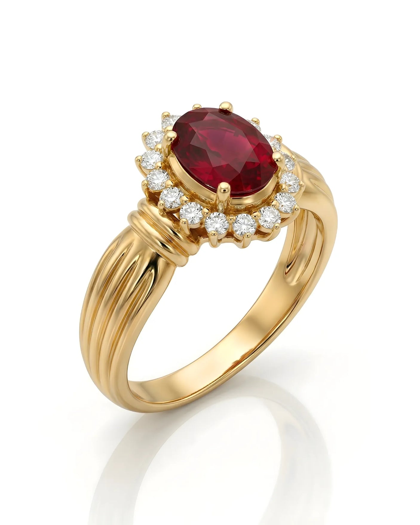 Natural ruby halo ring oval 1.2 carat red ruby diamond halo vintage style ring 18k yellow gold triple contour band | SARATTI