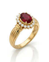 Natural ruby halo ring oval 1.2 carat red ruby diamond halo vintage style ring 18k yellow gold triple contour band | SARATTI