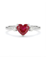 Natural ruby heart ring with round brilliant diamond accents in 18K White Gold | SARATTI