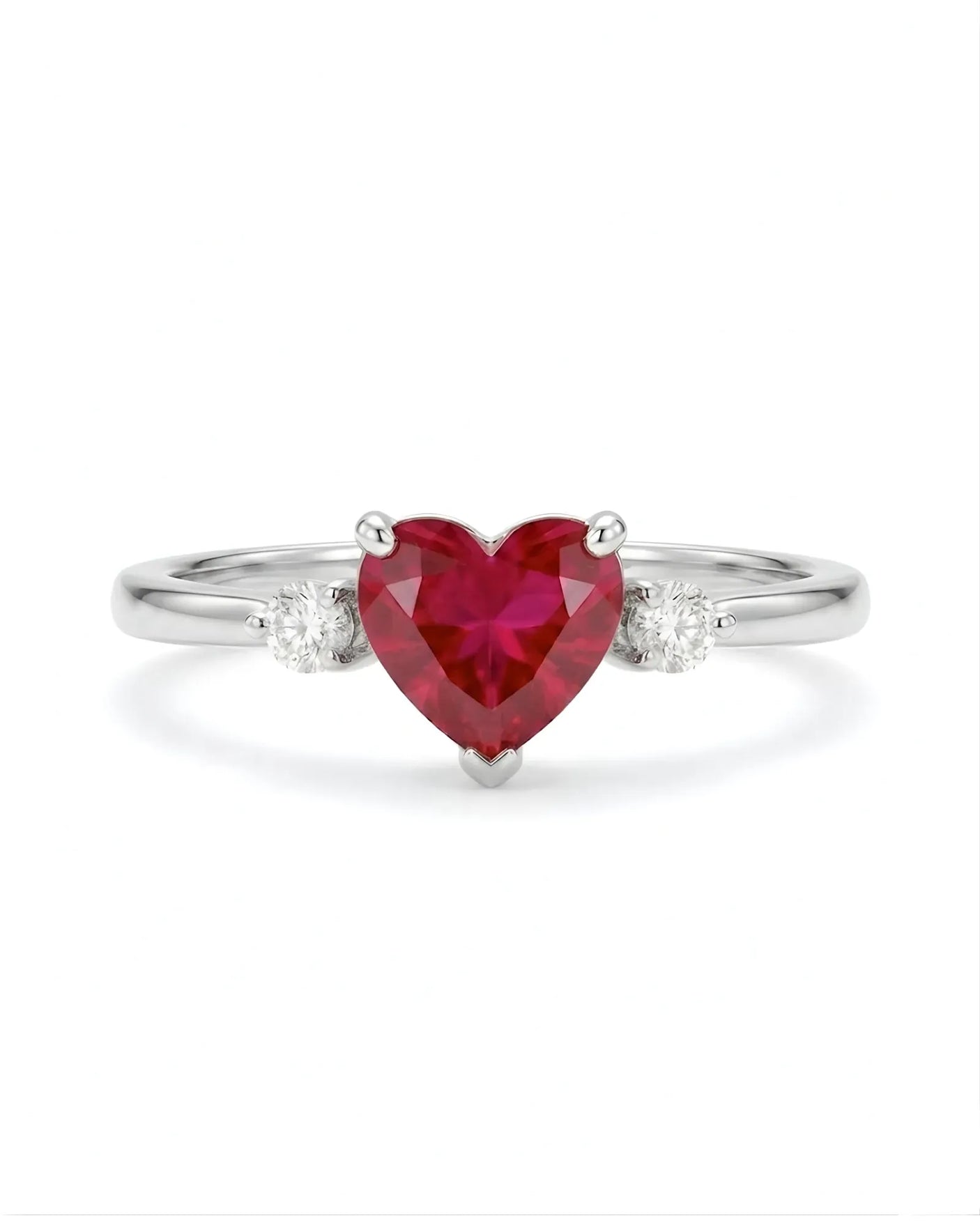 Natural ruby heart ring with round brilliant diamond accents in Platinum | SARATTI