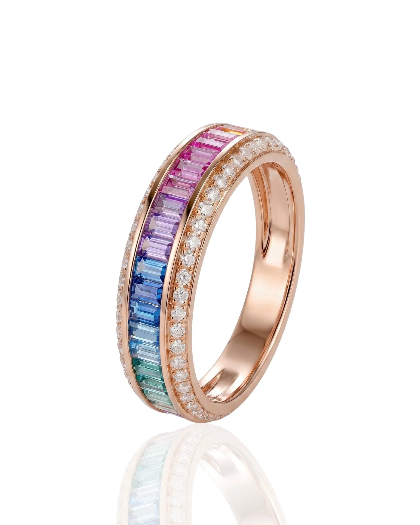 Natural sapphire eternity band with emerald cut gradient stones and diamonds in 18K rose gold | SARATTI