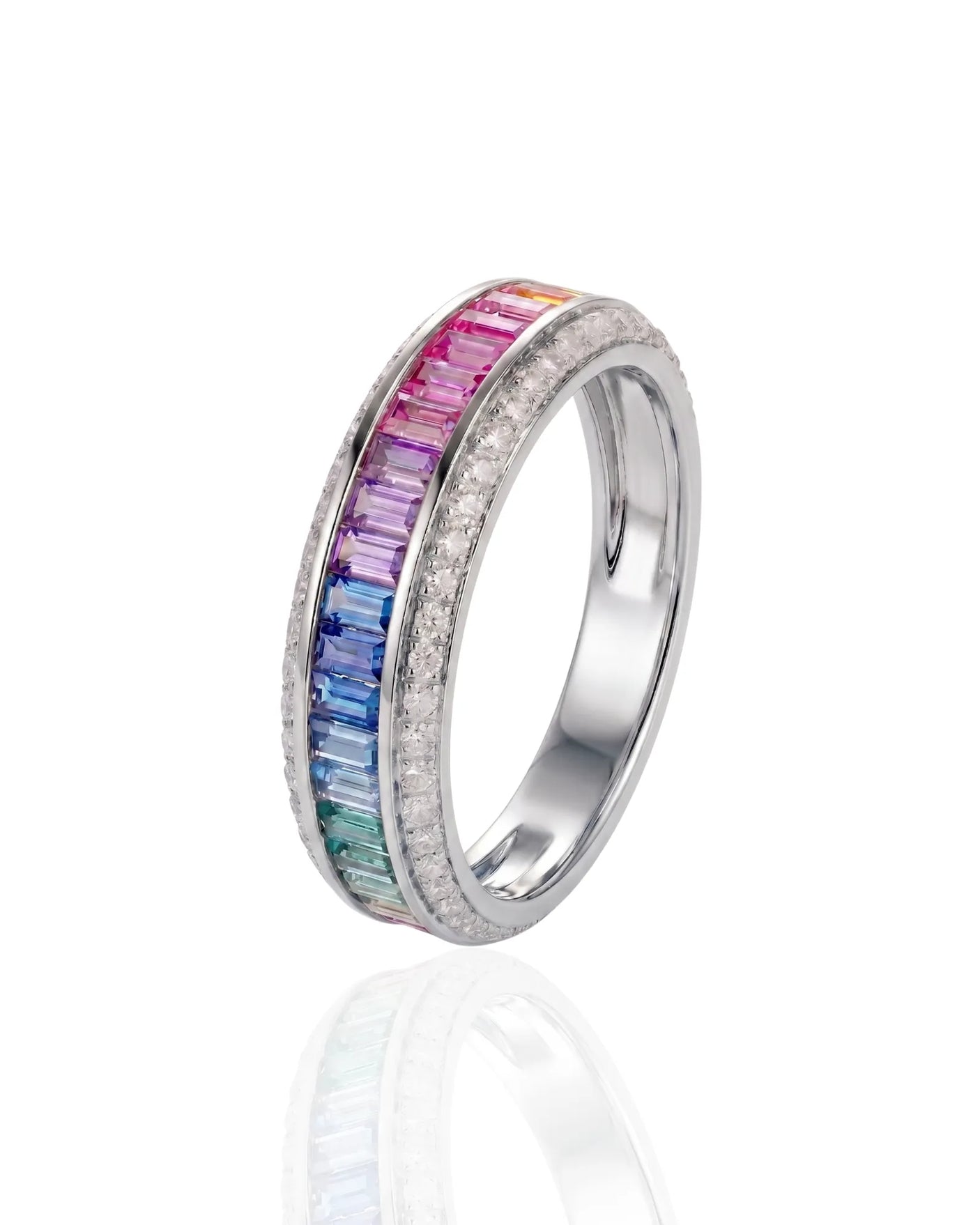 Natural sapphire eternity band with emerald cut gradient stones and diamonds in 18K white gold | SARATTI