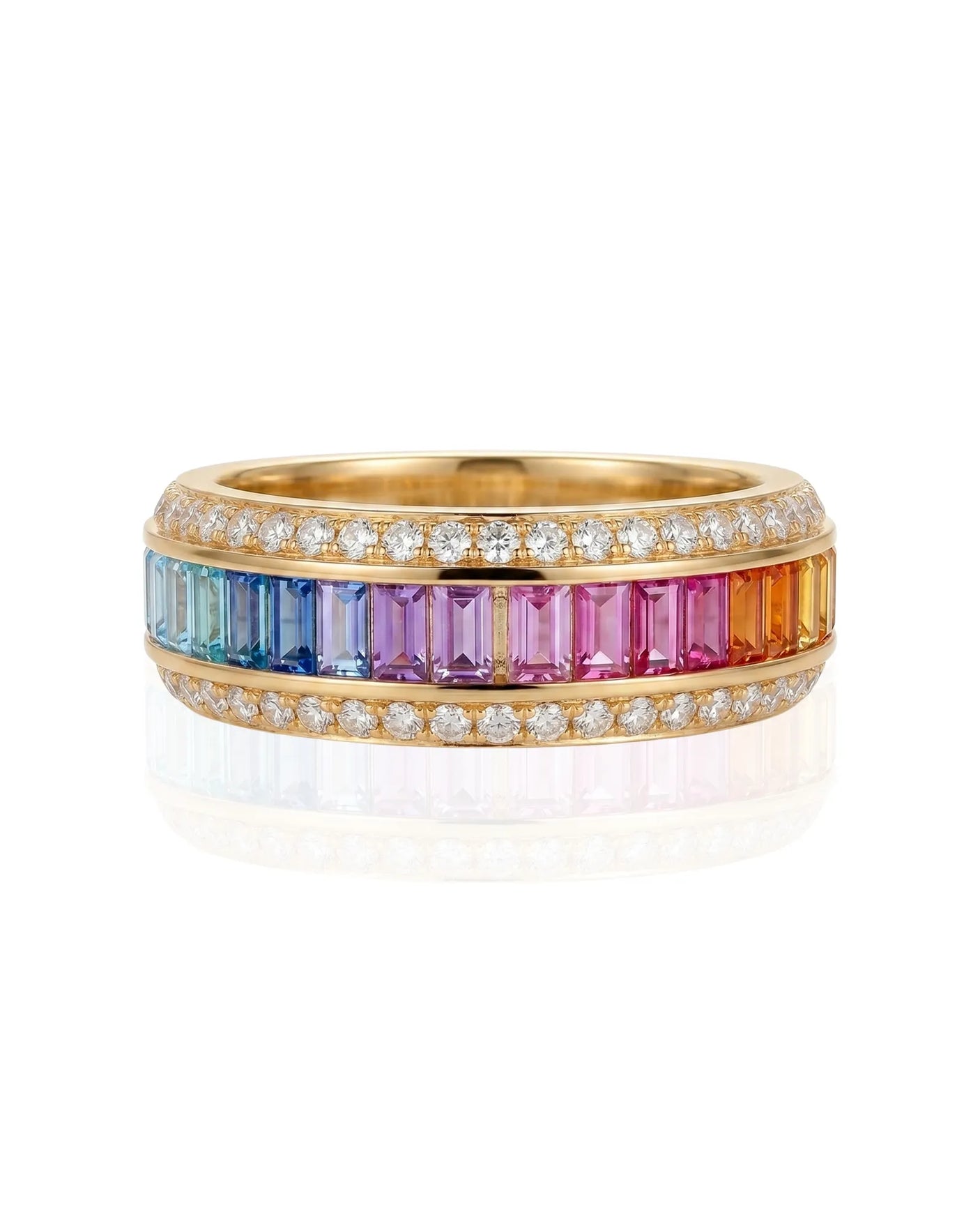 Natural sapphire eternity band with emerald cut gradient stones and diamonds in 18K yellow gold | SARATTI
