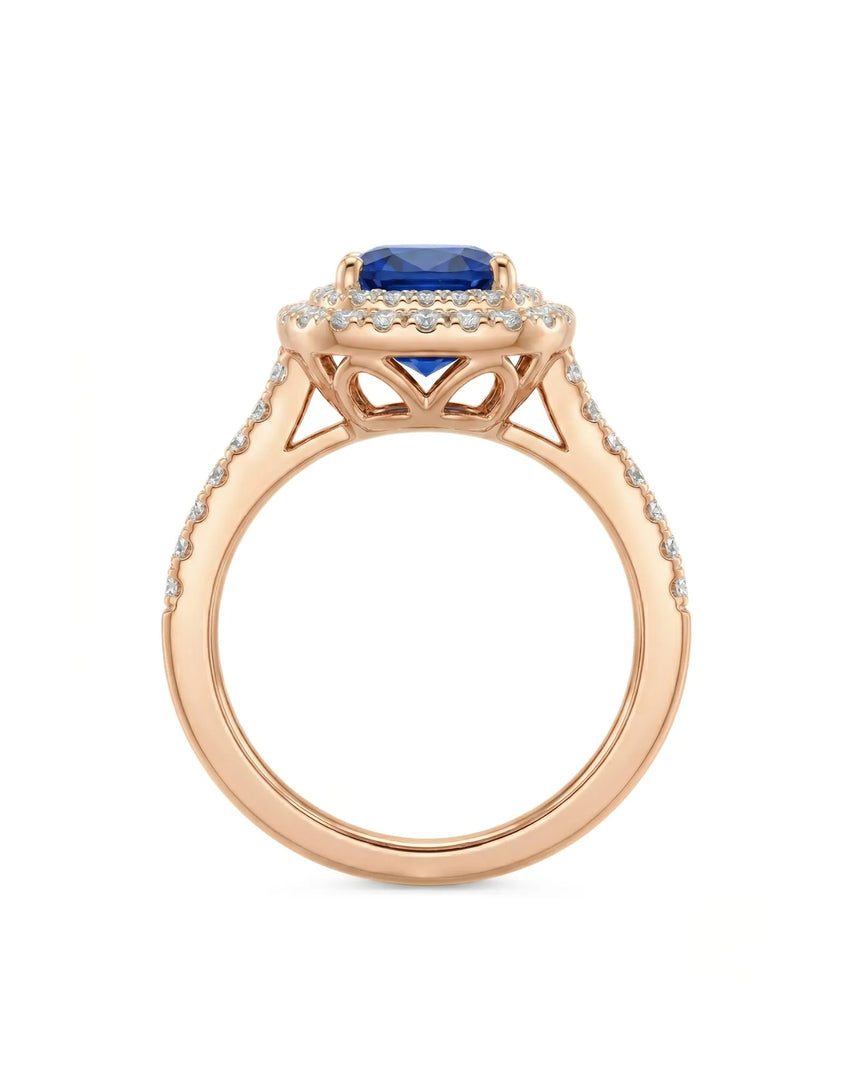 Natural unheated blue sapphire ring with round diamond accents in 18K rose gold | SARATTI