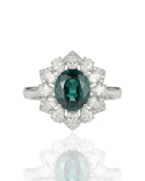 Natural unheated oval sapphire ring with brilliant diamond accents in 18K white gold | SARATTI