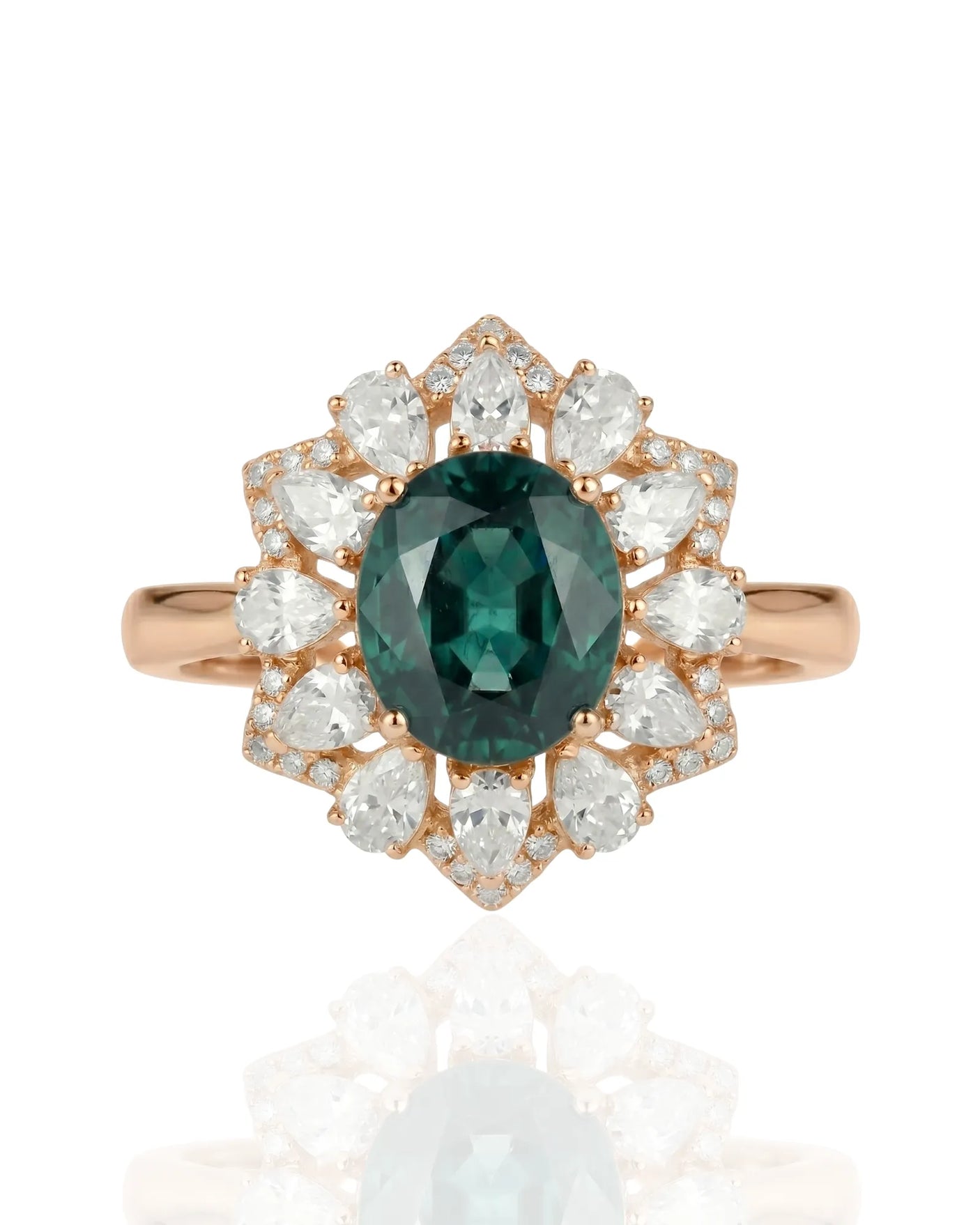 Natural unheated oval sapphire ring with diamond crown accents in 18K rose gold | SARATTI