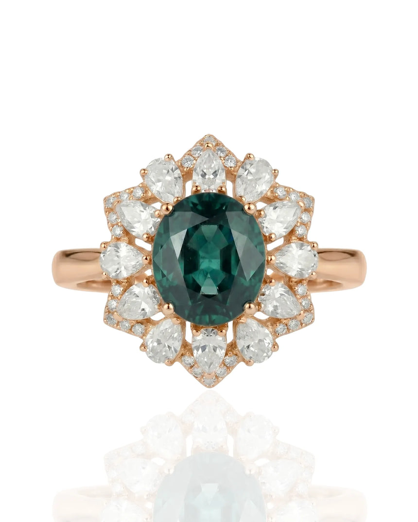 Natural unheated oval sapphire ring with diamond crown accents in 18K rose gold | SARATTI