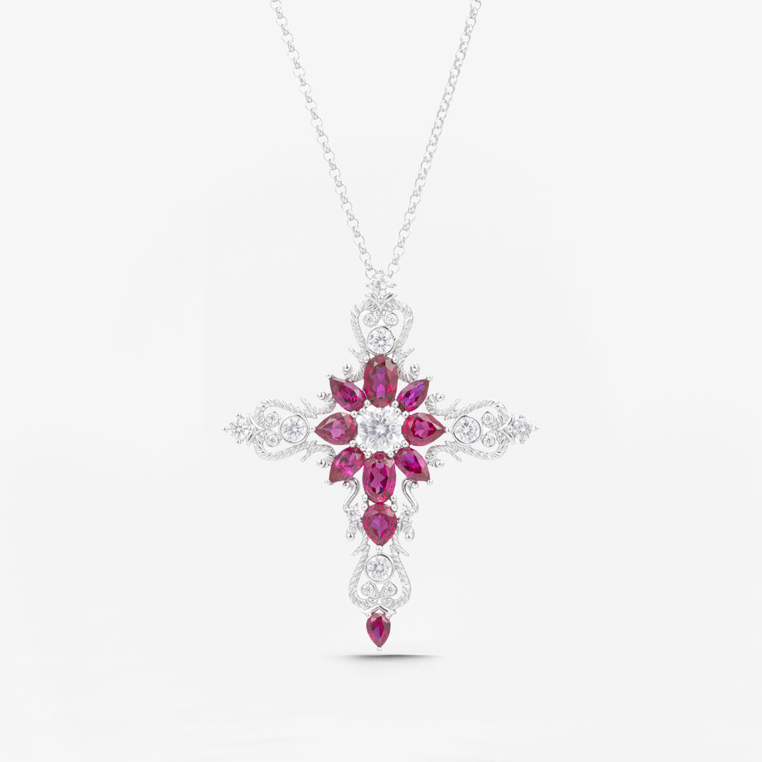 Red Natural Ruby Cross Necklace in 18K White Gold | Saratti Jewelry