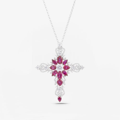 Red Natural Ruby Cross Necklace in 18K White Gold | Saratti Jewelry