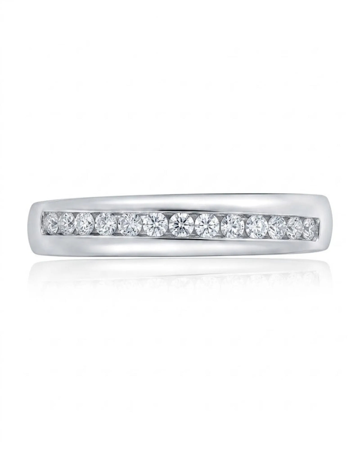 Oblong diamond wedding band with refined channel setting and continuous sparkle across polished platinum | SARATTI