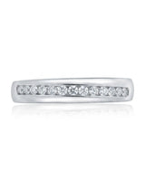 Oblong diamond wedding band with refined channel setting and continuous sparkle across polished platinum | SARATTI