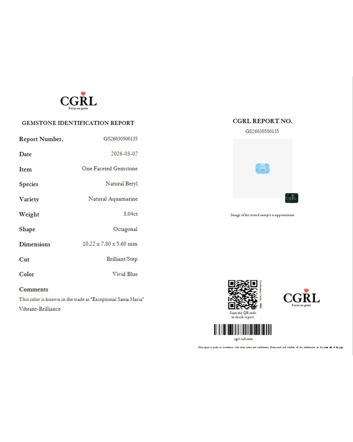 Octagonal Aquamarine measuring 10.22 × 7.80 × 5.60 mm | SARATTI