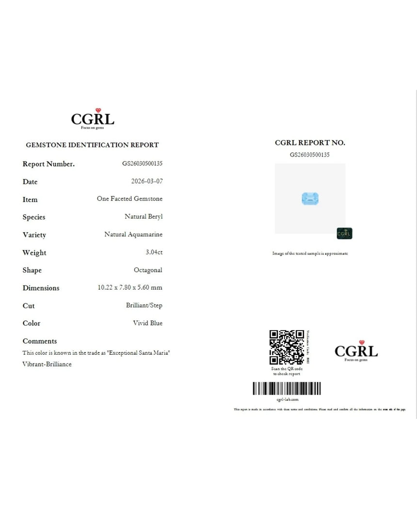 Octagonal Aquamarine measuring 10.22 × 7.80 × 5.60 mm | SARATTI