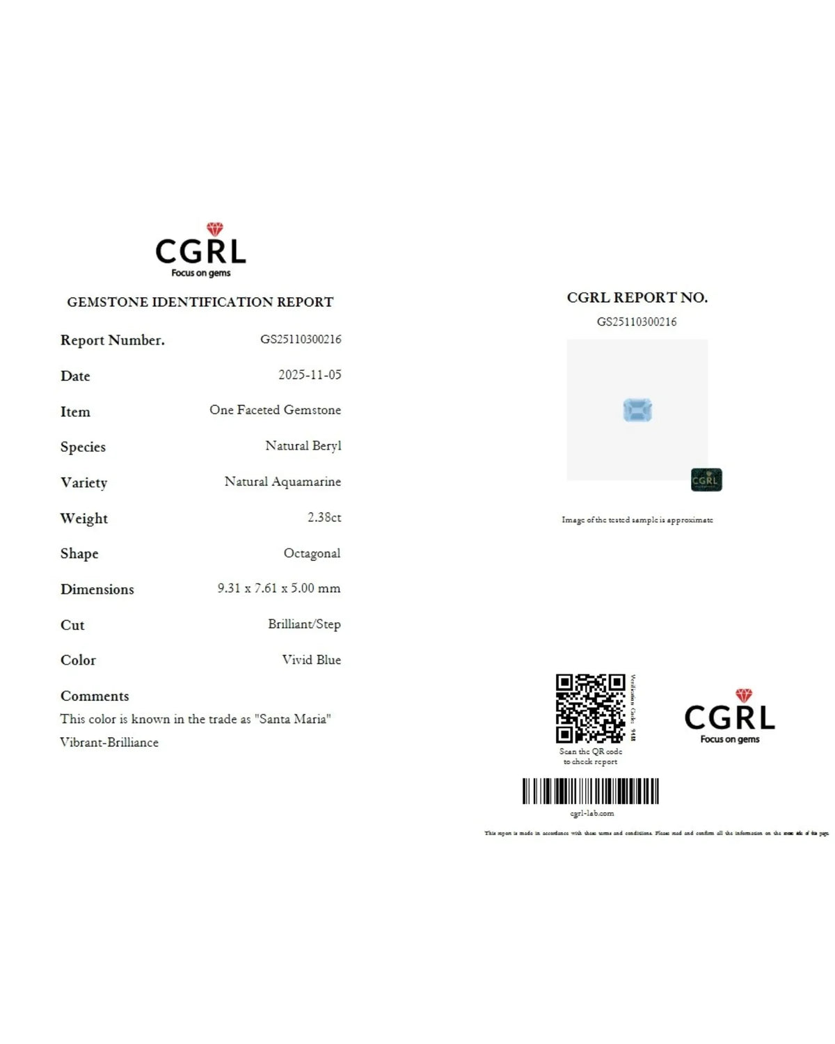 Octagonal Aquamarine measuring 9.31 × 7.61 × 5.00 mm | SARATTI
