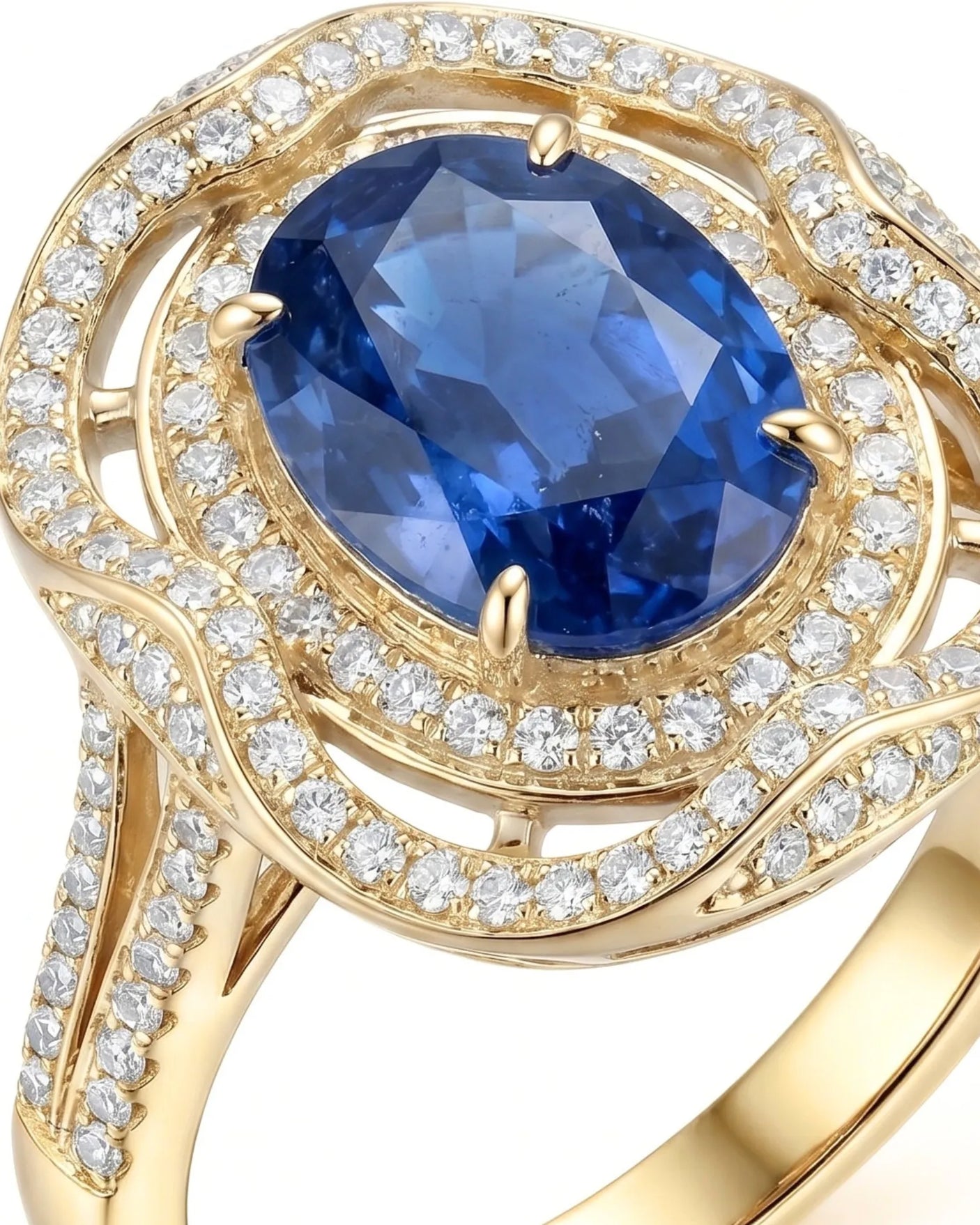 Open-work sapphire ring with layered round diamond halos in 18K yellow gold | SARATTI