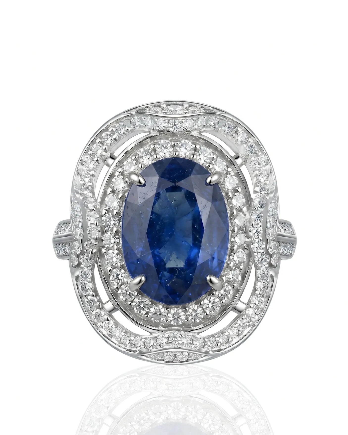 Open-work sapphire ring with layered round diamond halos in refined platinum | SARATTI