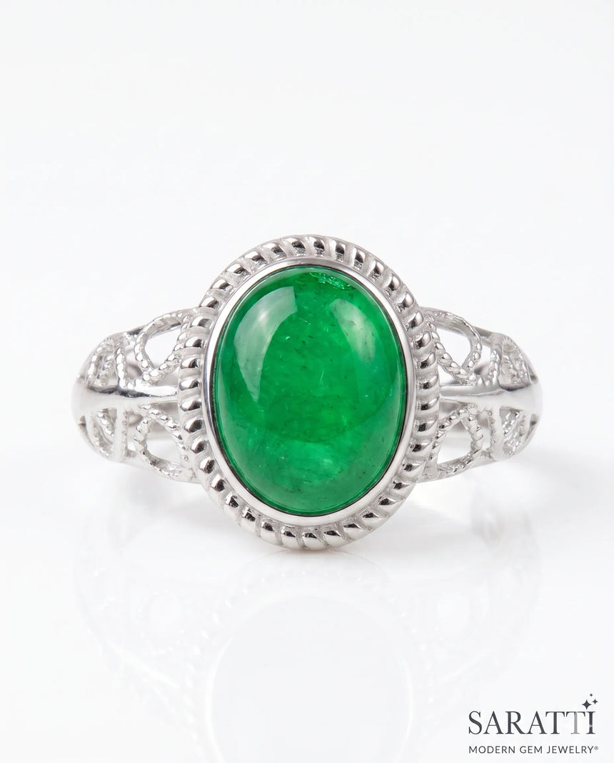 Openwork natural emerald statement ring in 18K White Gold | SARATTI