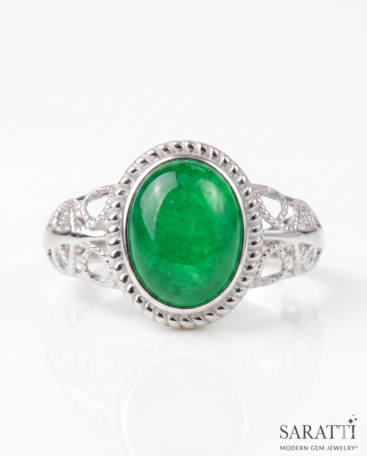 Openwork natural emerald statement ring in Platinum | SARATTI