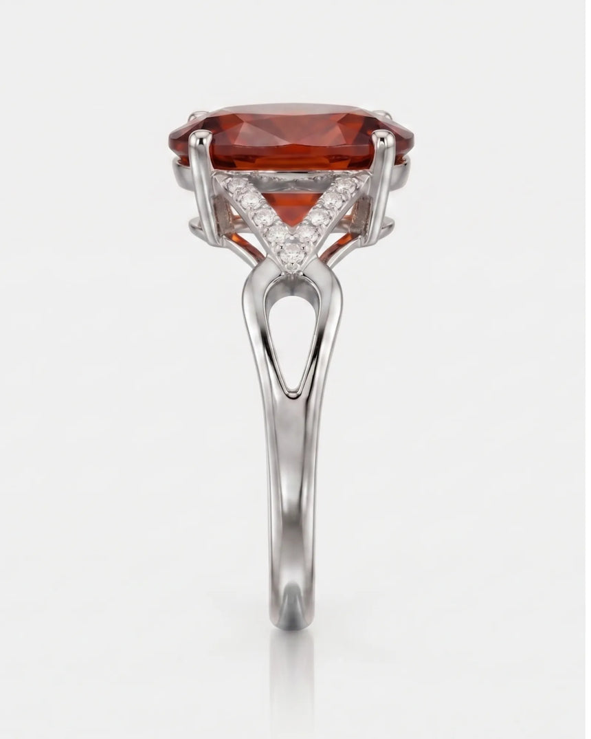 Orange garnet engagement ring with diamond frame in 18K white gold | SARATTI