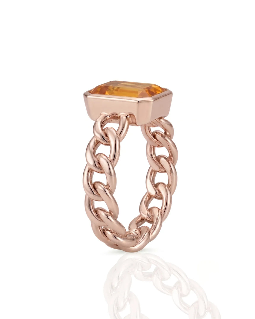 Orange sapphire statement ring with Cuban link band for gifts in 18K rose gold | SARATTI