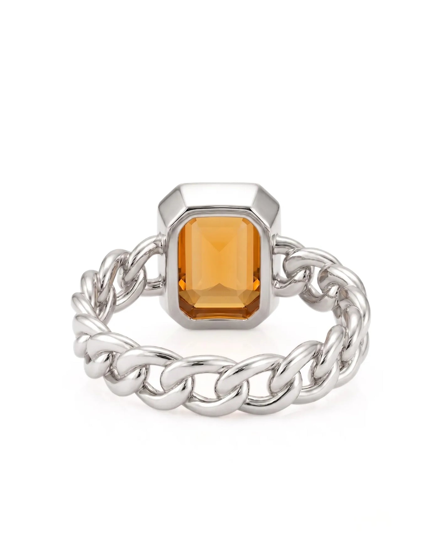 Orange sapphire statement ring with Cuban link band for gifts in 18K white gold | SARATTI