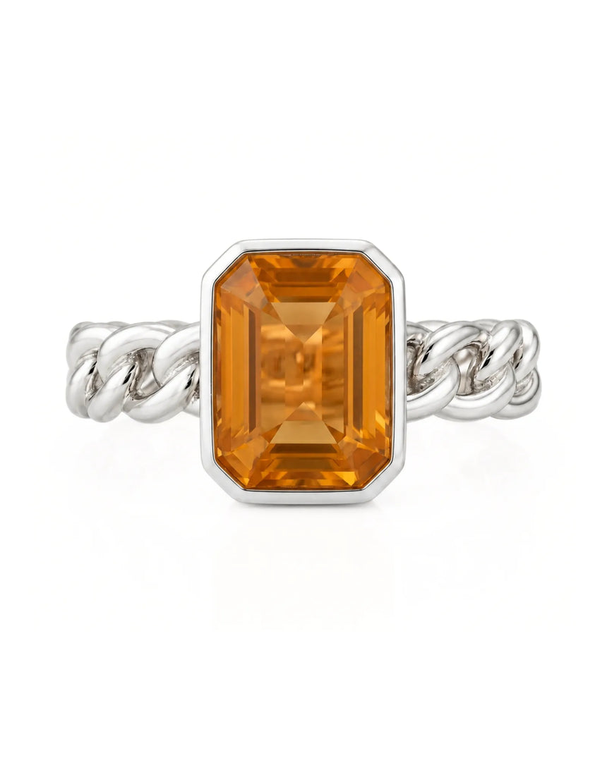 Orange sapphire statement ring with Cuban link band for gifts in platinum | SARATTI
