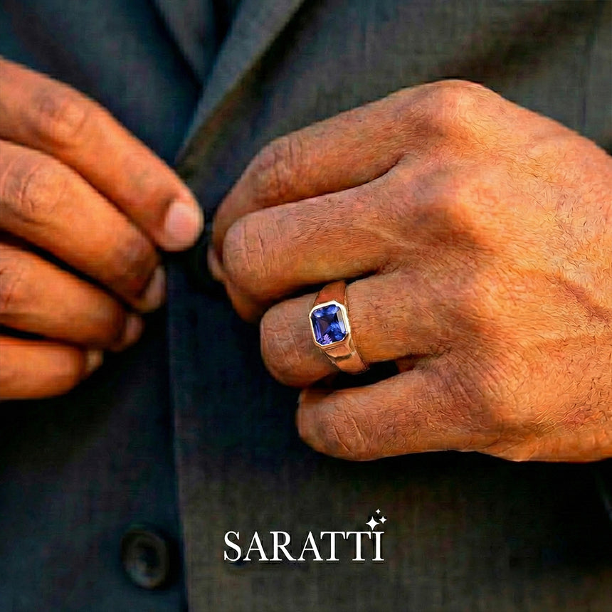 Orion tanzanite signet ring for men 18k rose gold emerald cut tanzanite bezel frame | SARATTI