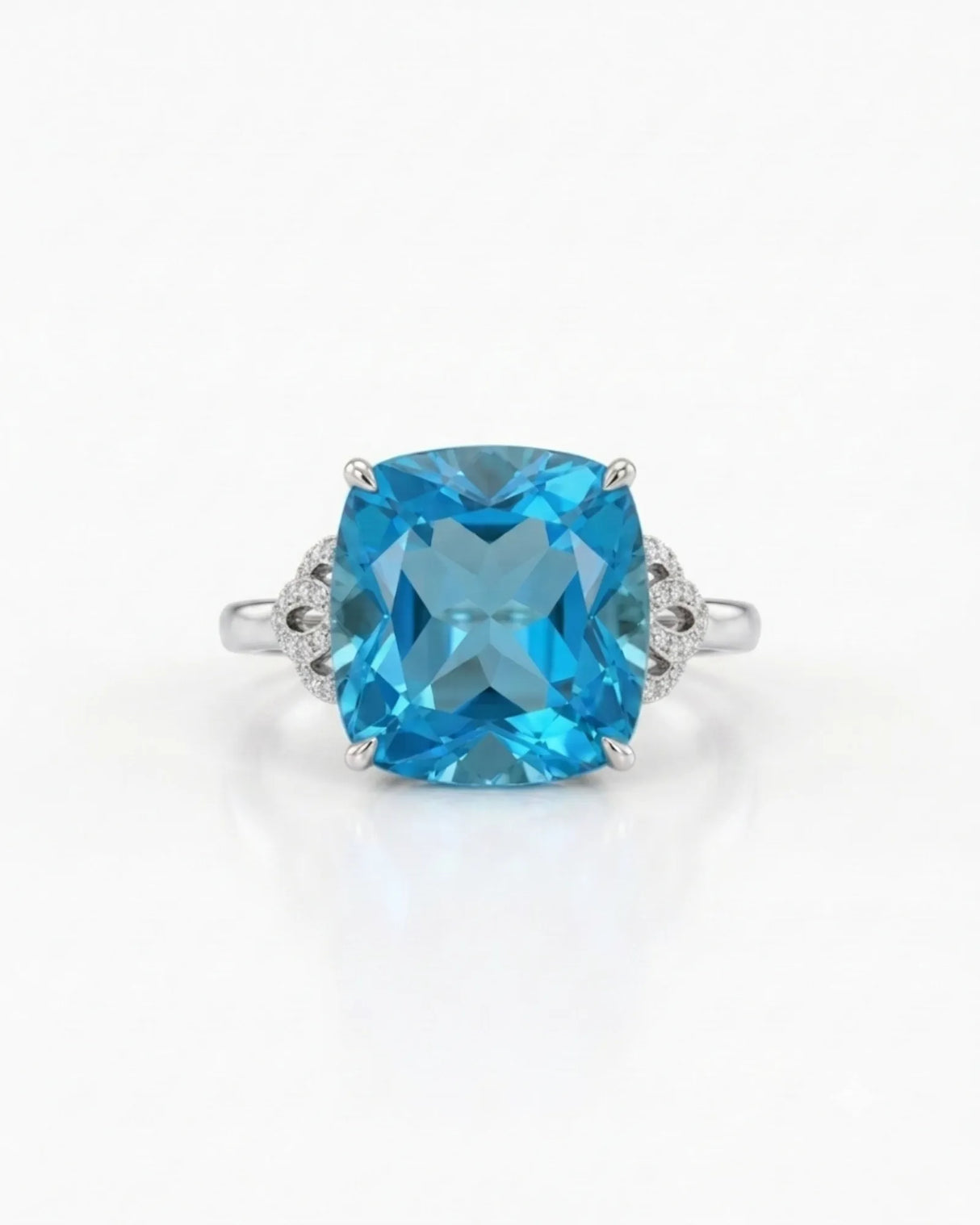 Ornate scrollwork topaz ring with diamond-accented loop shoulders in polished 18K white gold | SARATTI