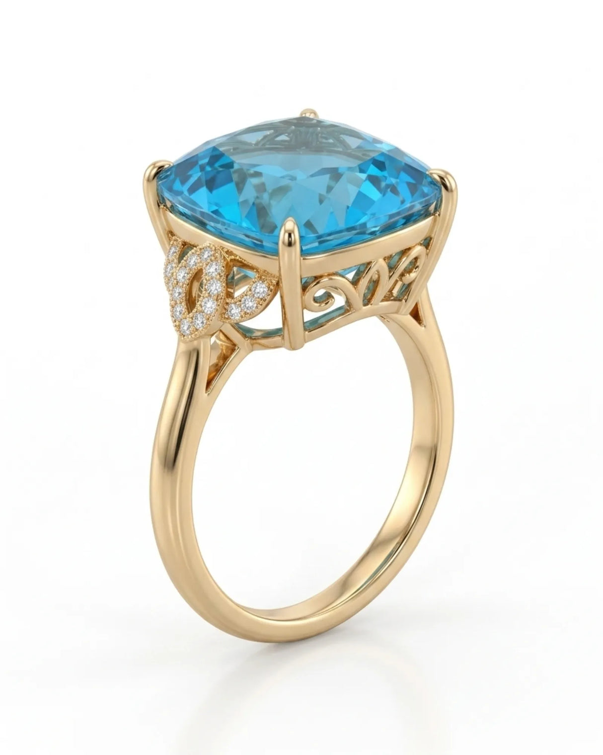 Ornate scrollwork topaz ring with diamond-accented loop shoulders in polished 18K yellow gold | SARATTI