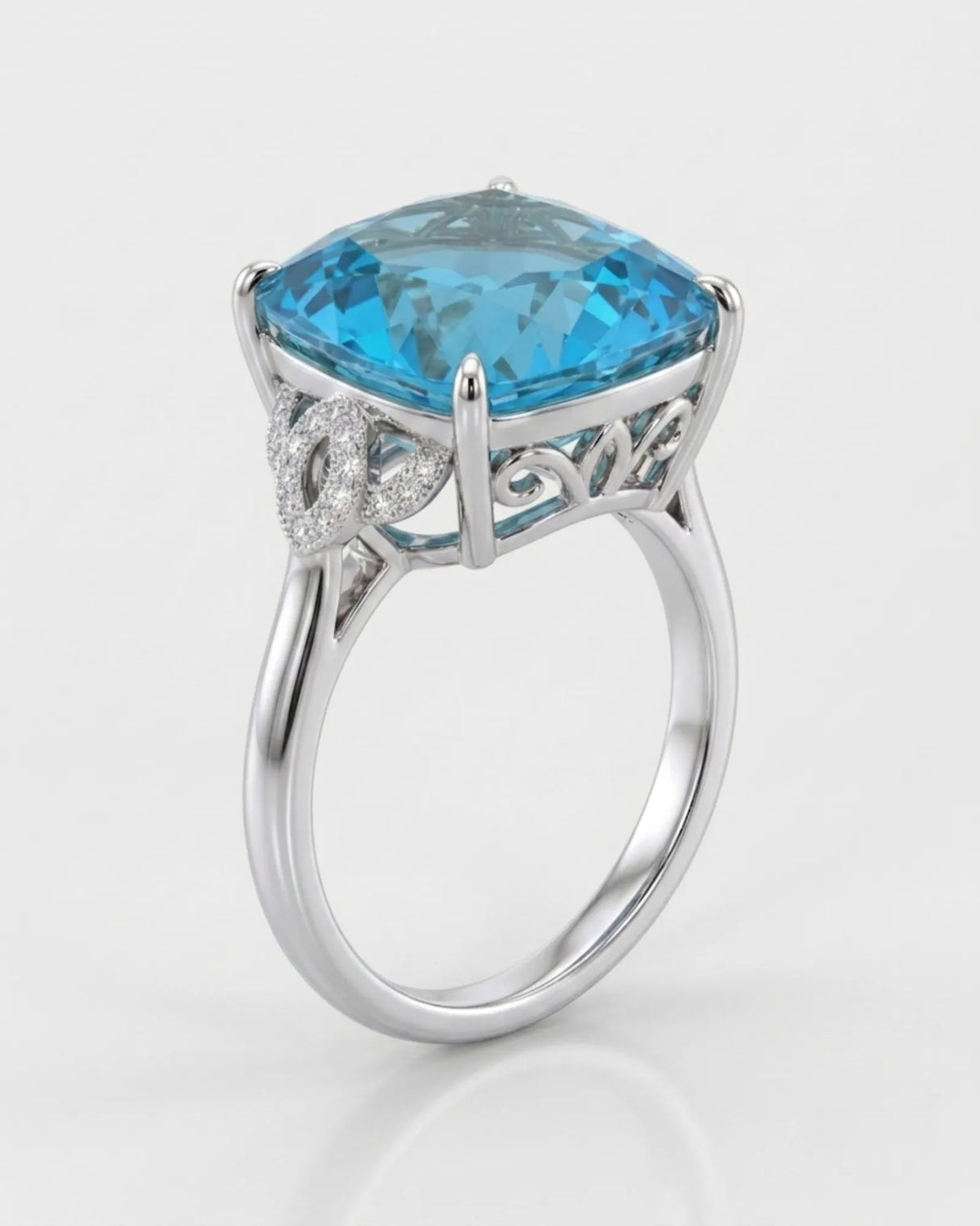 Ornate scrollwork topaz ring with diamond-accented loop shoulders in polished platinum | SARATTI