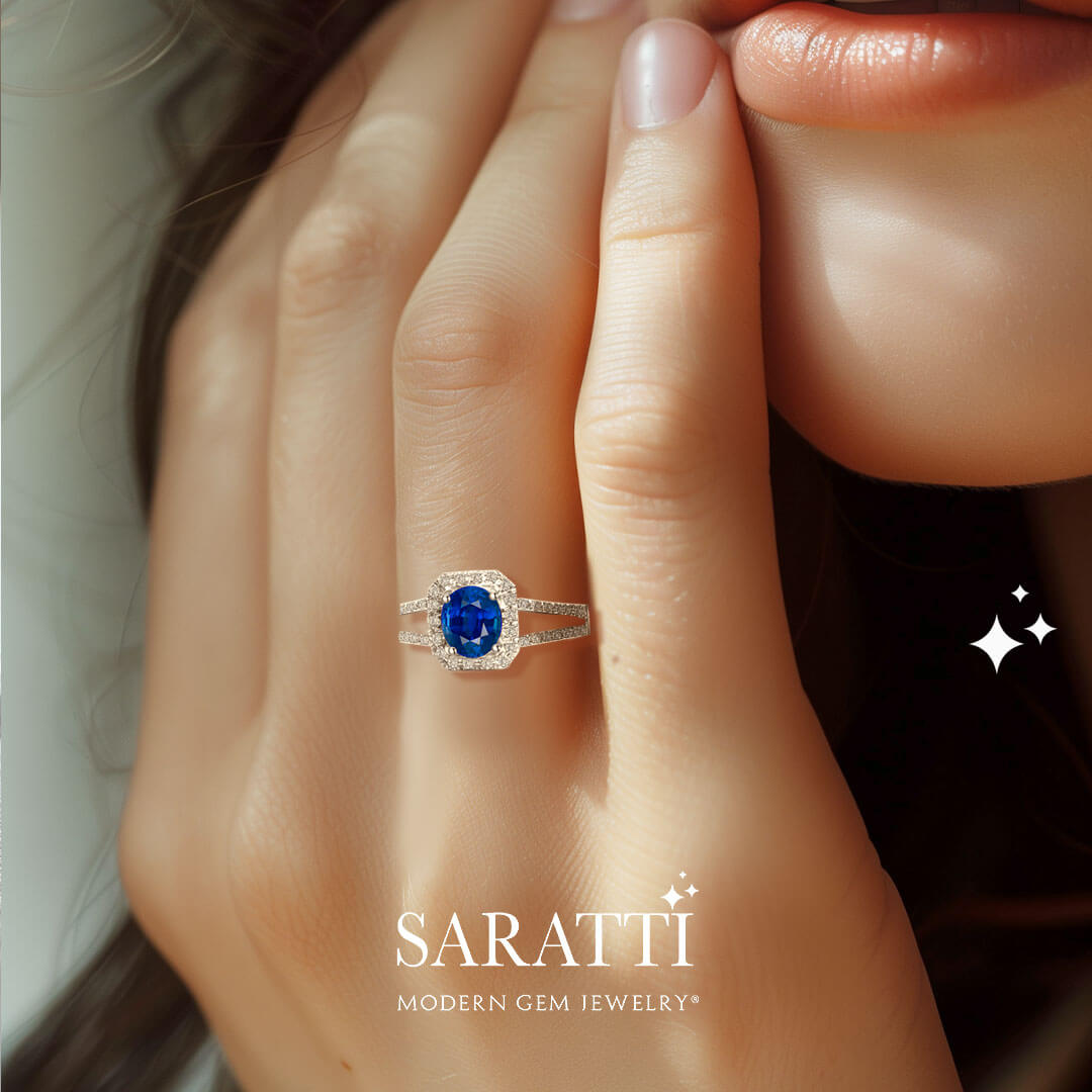 Model wears the 18K White Gold Bleu Royale Natural Sapphire Split Shank Ring | Saratti Jewelry