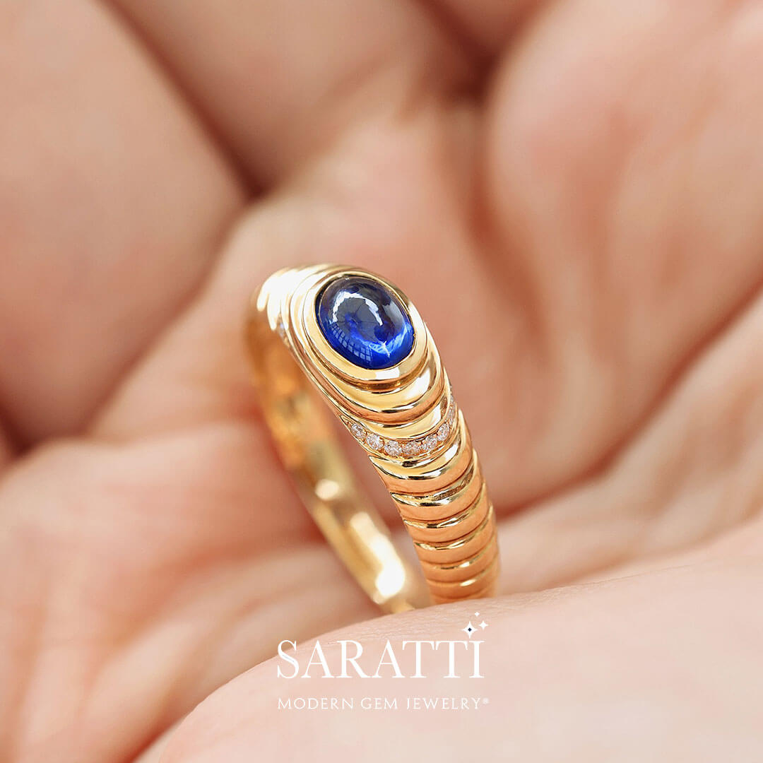 Sparkling Cabochon Blue Sapphire Ring | Modern Gem Jewelry | Saratti