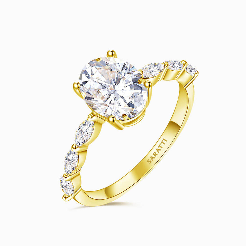 Centre Stone Shot of the Yellow Gold  Royal Procession Dainty Diamond Ring | Saratti 