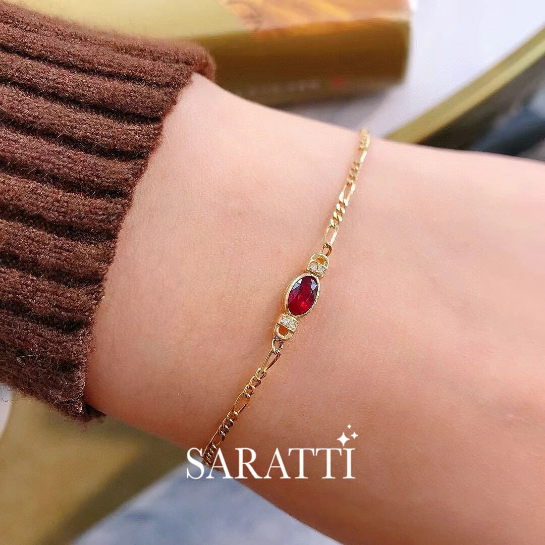 Model wears the Jupiter’s Rouge Ruby Bracelet | Saratti Fine Jewelry 