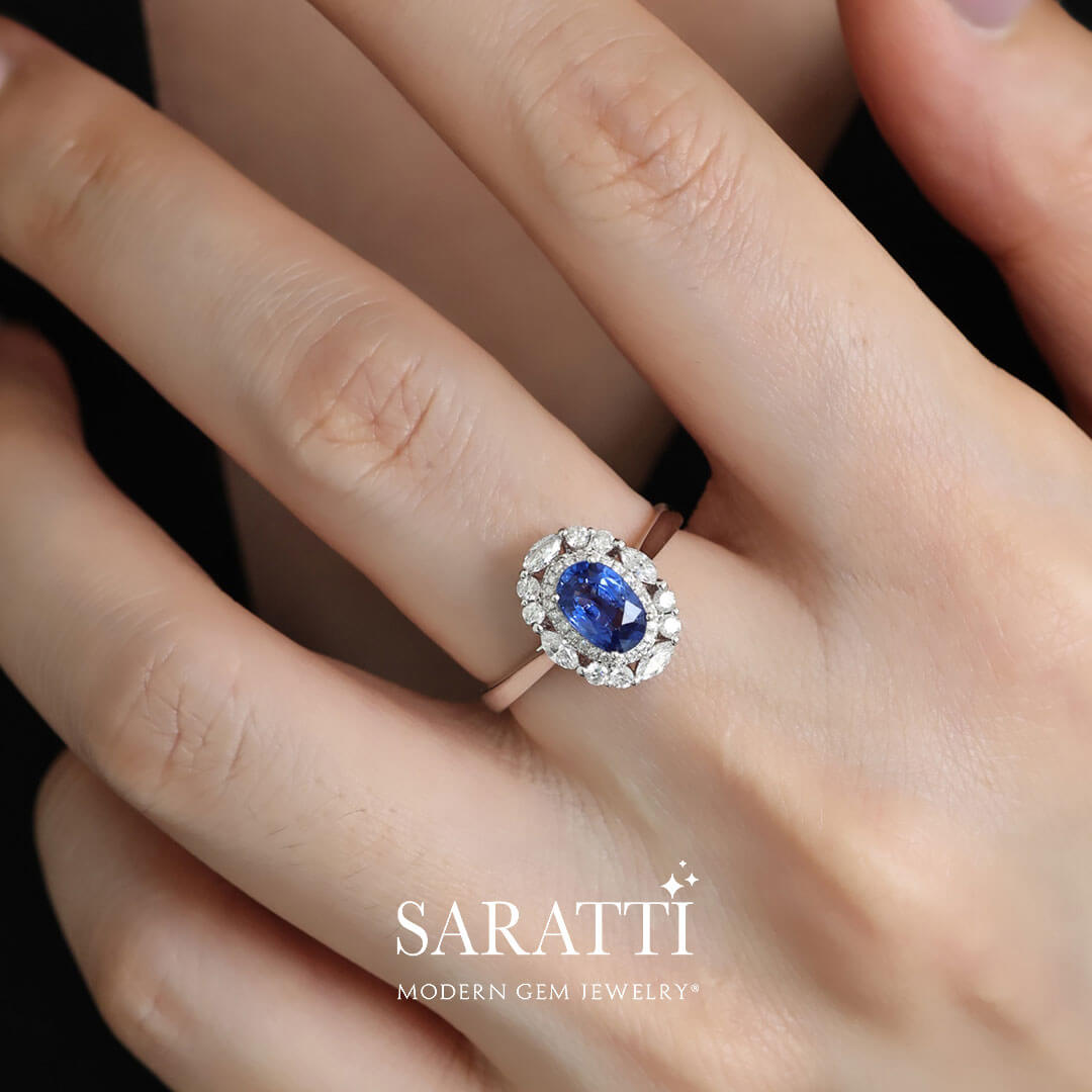 Royal Blue Gemstone Ring with Diamonds Elegant White Gold | Modern Gem Jewelry | Saratti