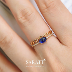 Oval Blue Sapphire Ring on Cuban Chain | Modern Gem Jewelry | Saratti