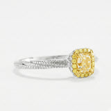 Yellow Gold Princess Cut Diamond ring luxury handcrafted ring grey background angled view in 18K white gold | SARATTI