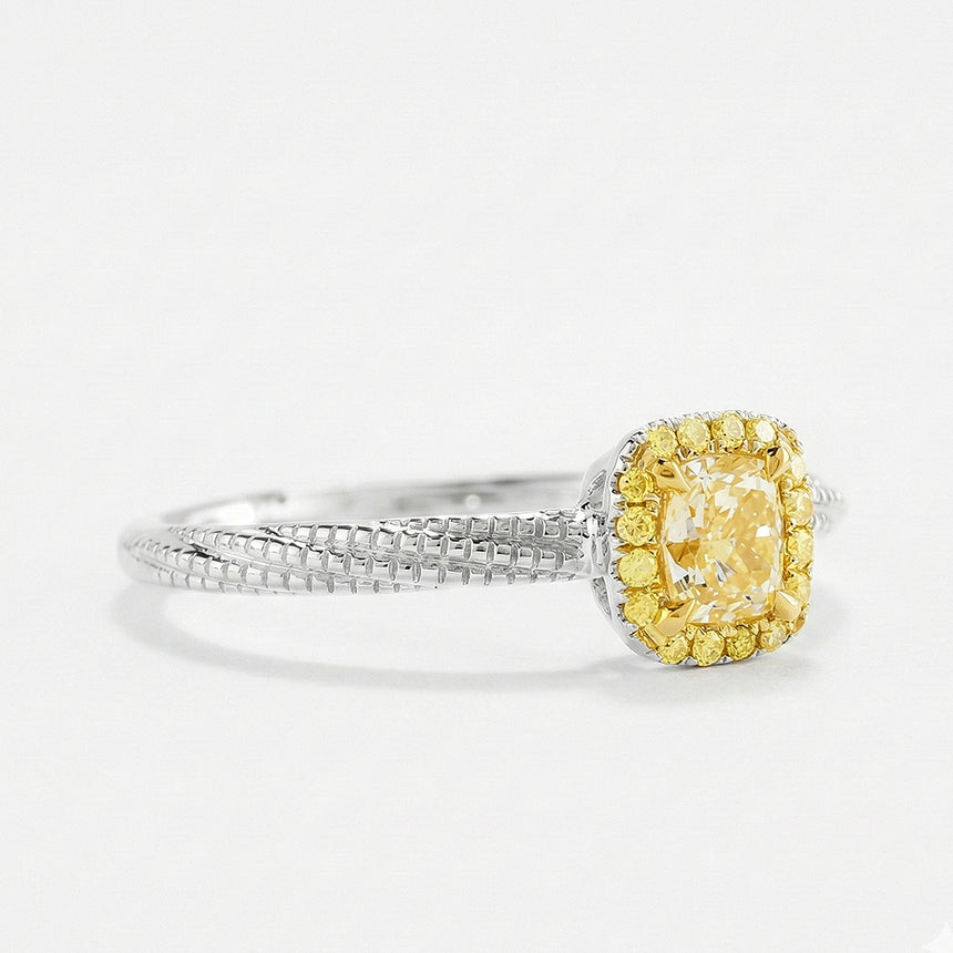 Yellow Gold Princess Cut Diamond ring luxury handcrafted ring grey background angled view in 18K white gold | SARATTI