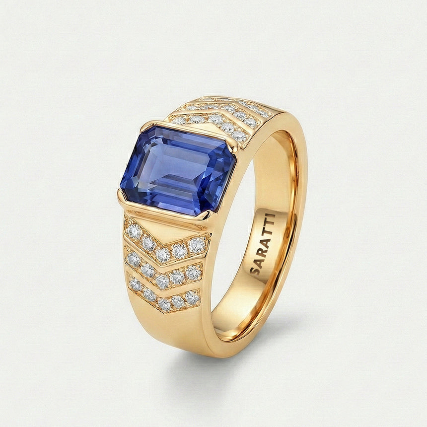Mens ring with tanzanite and diamonds luxury statement ring in 18K yellow gold | SARATTI