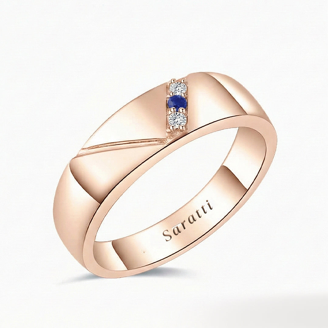 6mm men diamond and sapphire three stone ring luxury jewelry in 18K rose gold | SARATTI